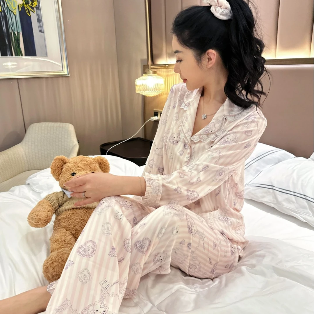 猫咪少女睡衣冰丝蕾丝软萌kitty发圈甜美可爱长袖短袖套装家居服
