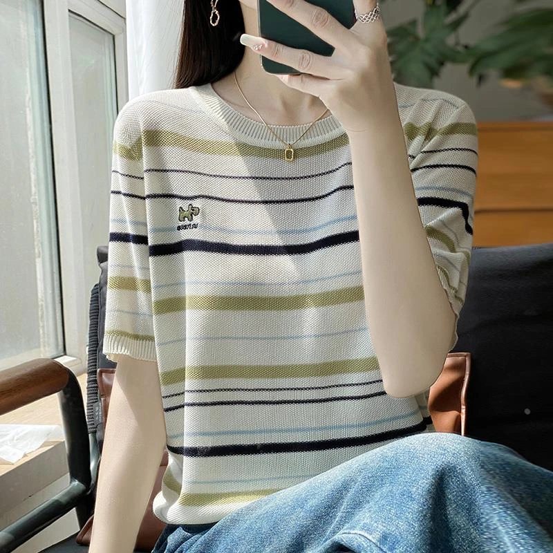 条纹刺绣短袖t恤女夏季2025新款打底衫洋气大码女装冰丝针织上衣