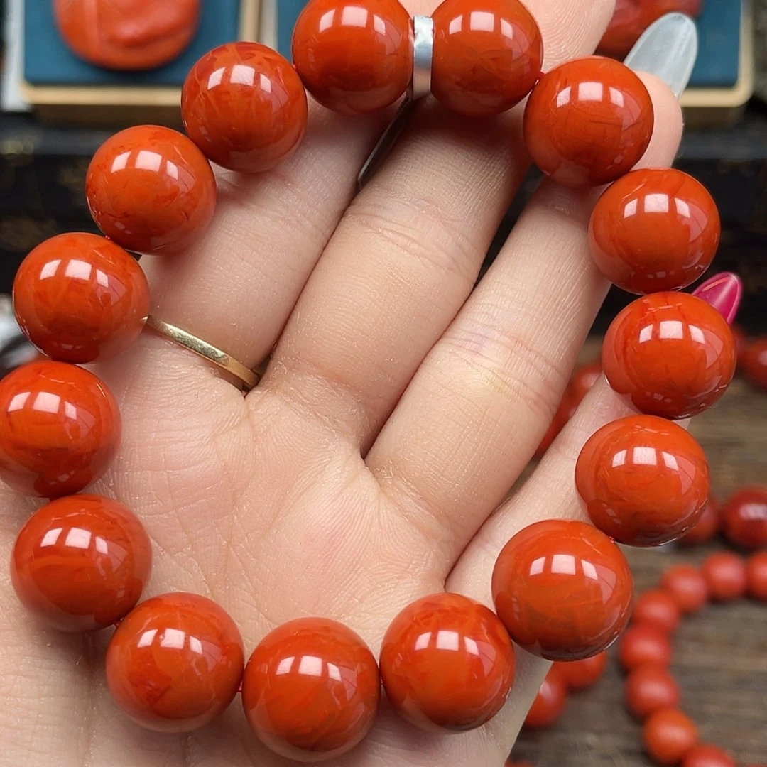 南红玛瑙未镶嵌手串放漏 瓦西满肉柿子红卡14mm+