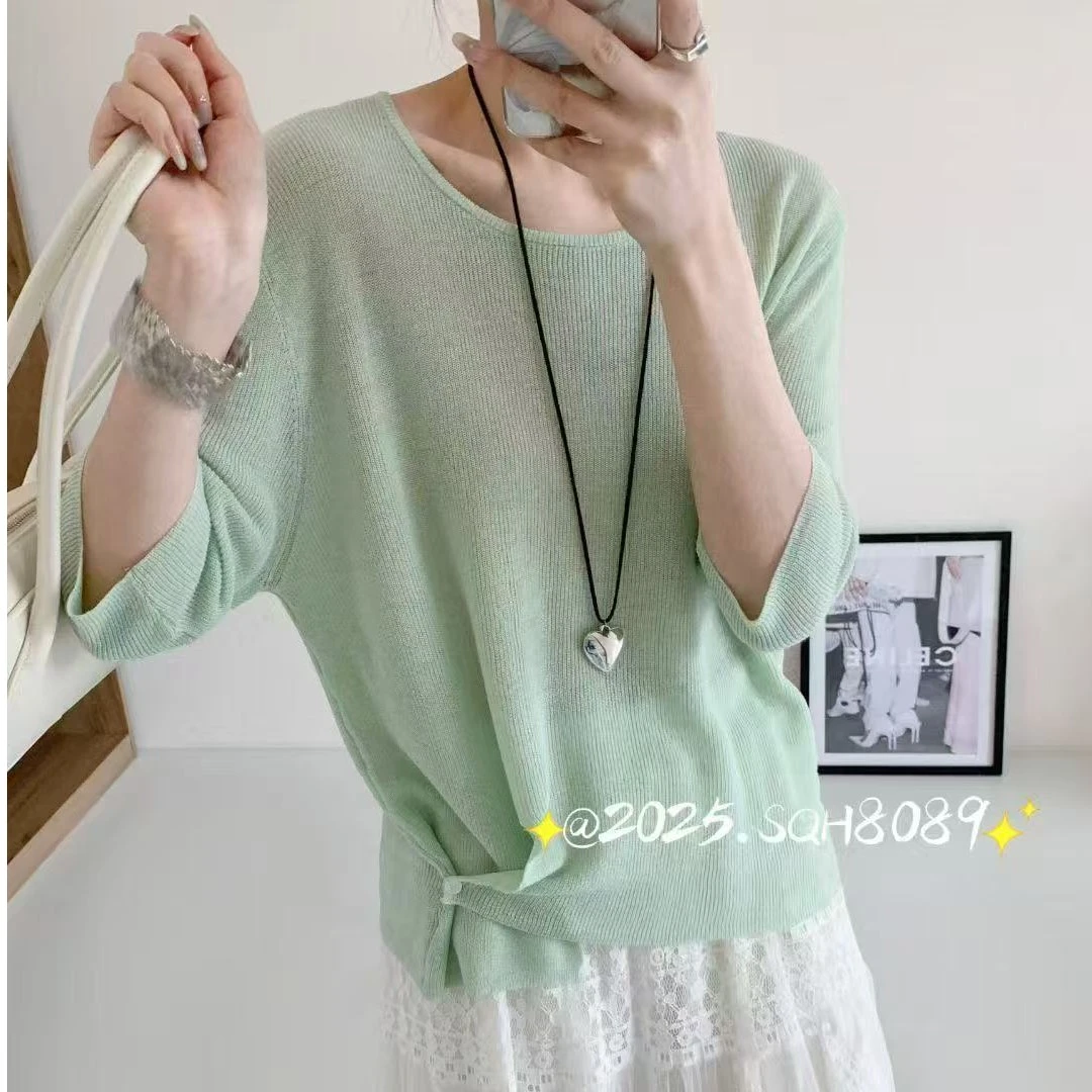 宽松型休闲针织衫女简约短袖不起球针织衫夏季ins风上衣时尚洋气