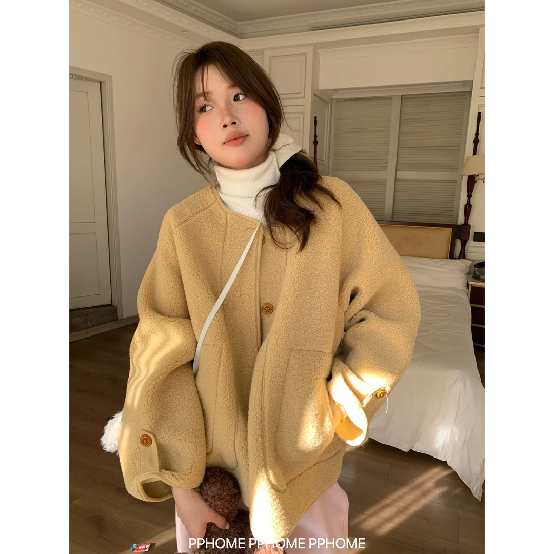 羊羔毛外套 宽松超慵懒皮毛一体短款秋冬保暖毛毛外套
