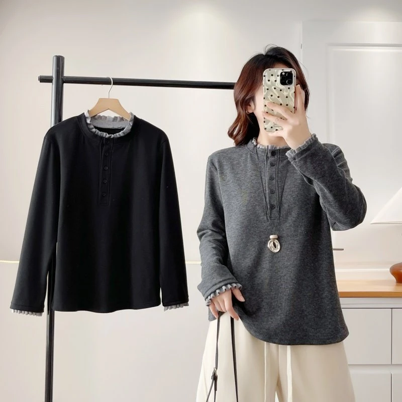 大码女装2025秋冬新款宽松休闲立领长袖T恤拼接花边打底衫上衣