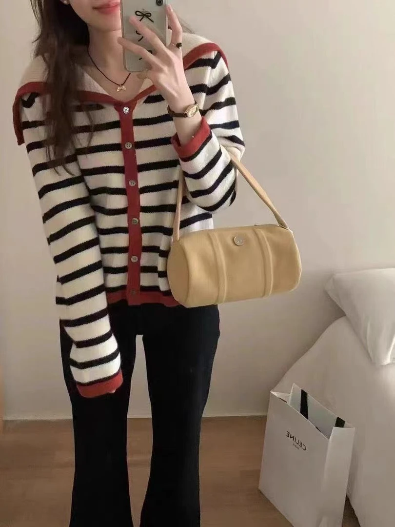 100%纯羊毛衫外套海军领女毛针织衫秋冬休闲开衫款百搭条纹慵懒风