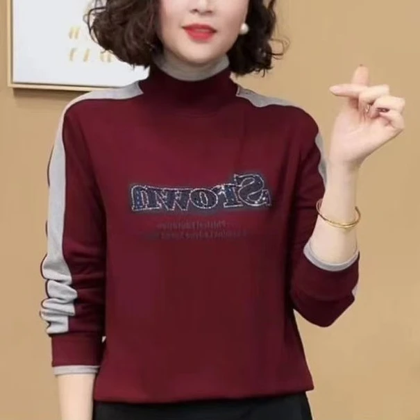 新款时尚洋气百搭半高领字母长袖打底衫