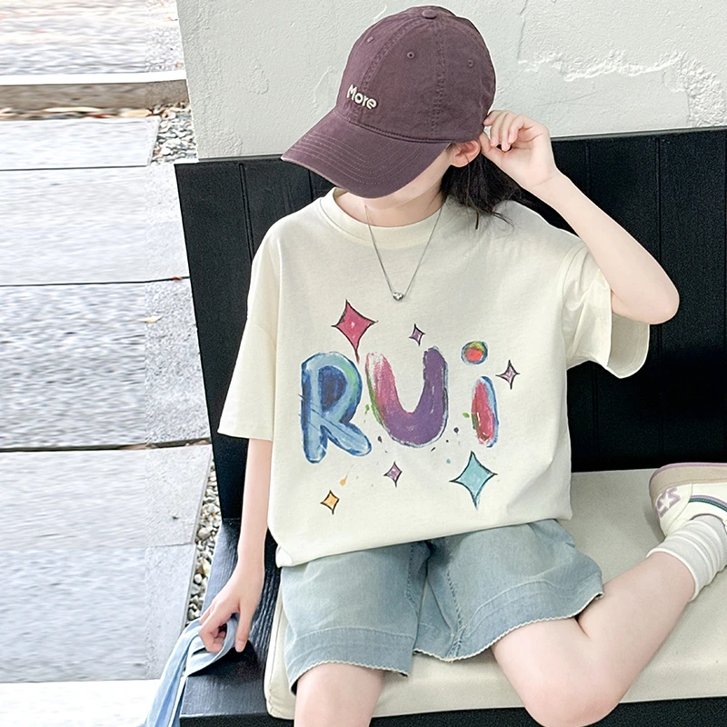 女童纯棉短袖2025夏季新款潮流印花儿童中大童百搭宽松舒适休闲潮
