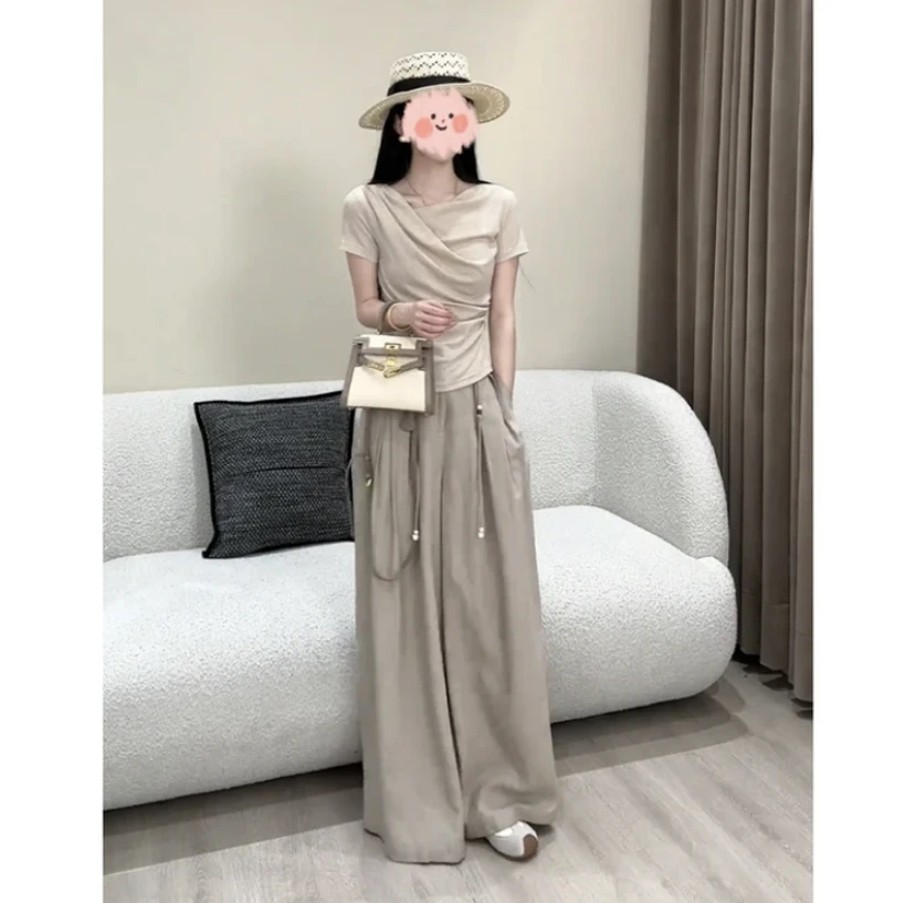 2025夏季新款女装小个子修身显瘦韩系上衣休闲运动阔腿裤两件套