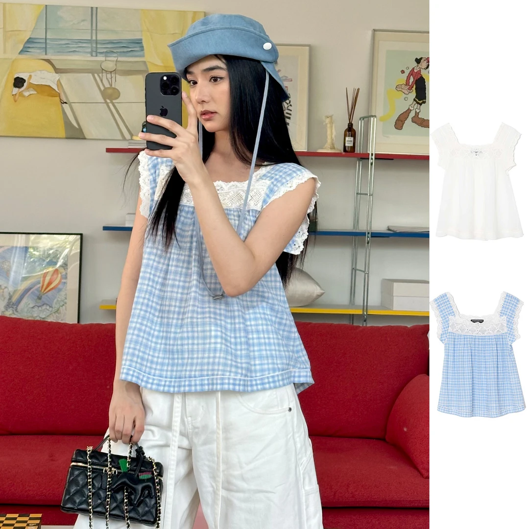 CHRISOUBYDAN欧阳丹设计师品牌 蕾丝拼接无袖娃娃衫 DY5C03003