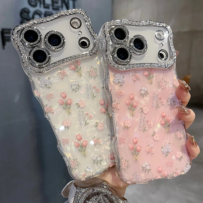 适用苹果系列iPhone17新款手机壳清新郁金香白底全包满钻精孔镜框