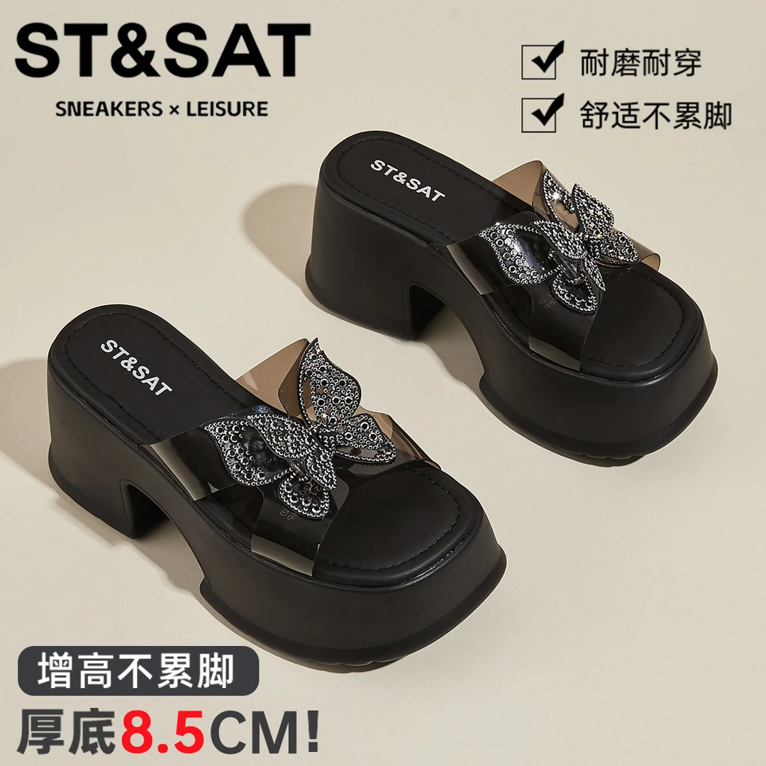 星期六蝴蝶结轻奢凉鞋女户外休闲一字拖2025新款一脚蹬透气沙滩鞋