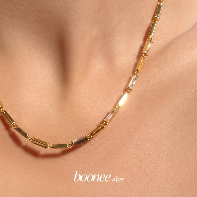 boonee alus 铜合金合成锆石项链 方形锆石项链女轻奢小众锁骨链