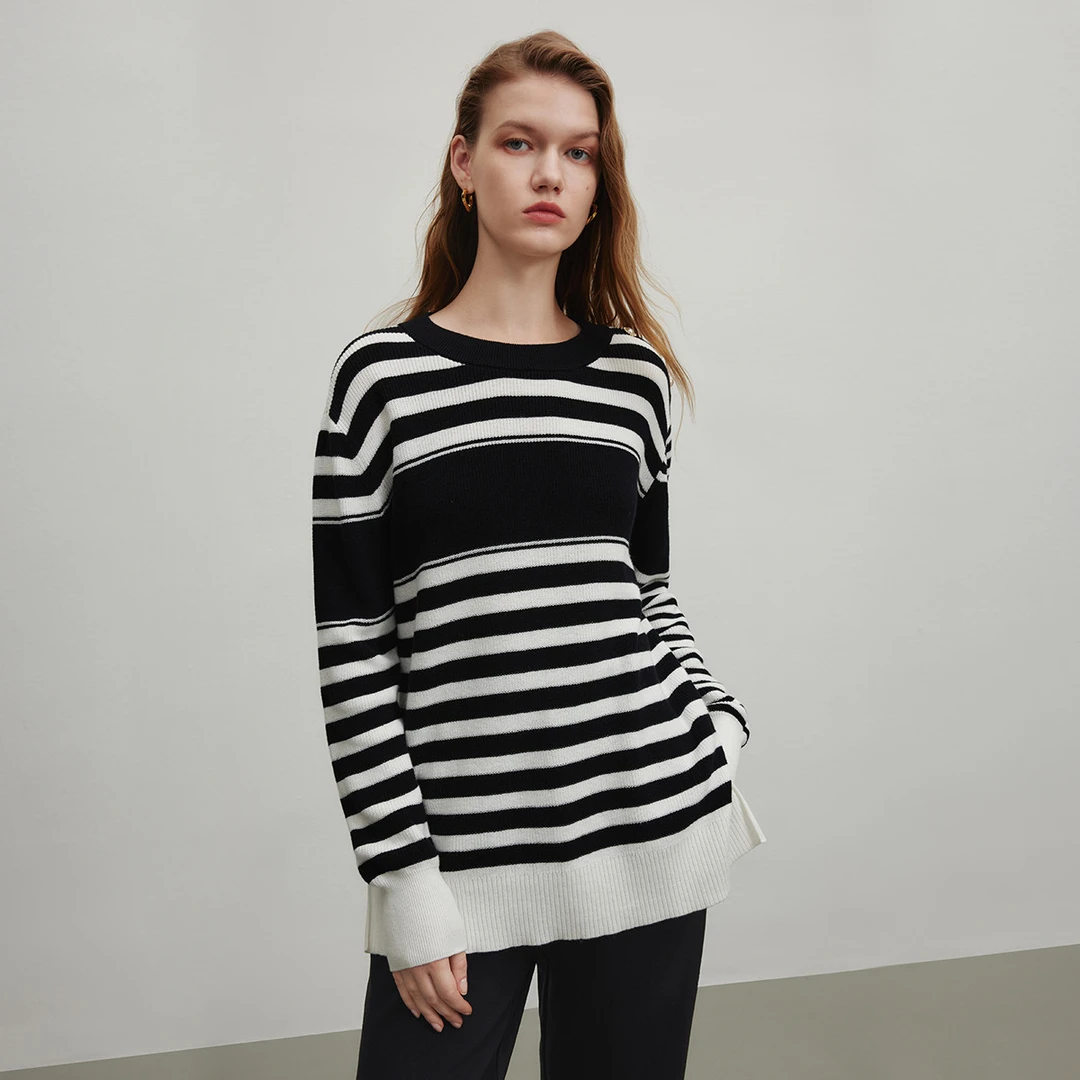 不规则条纹针织衫女百搭圆领下摆开叉套头衫Y733300817