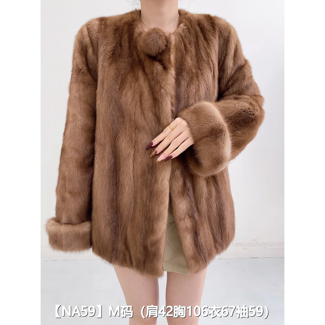 【NA59】M 奶茶棕短款全抽貂皮水貂外套女 圆领挽袖 01059