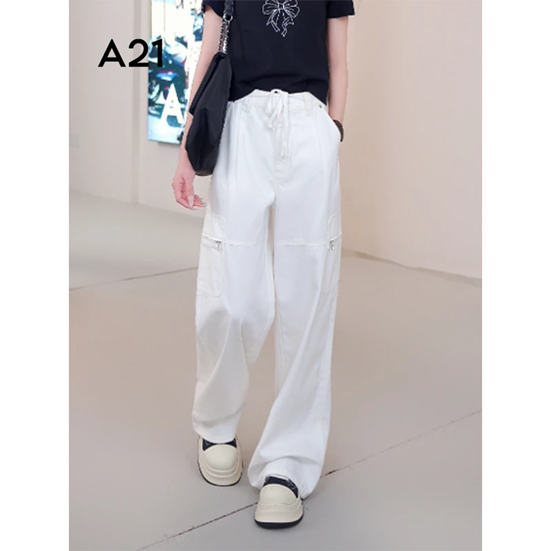 A21 工装裤夏季阔腿裤春夏中腰白色直筒牛仔长裤子F453226026