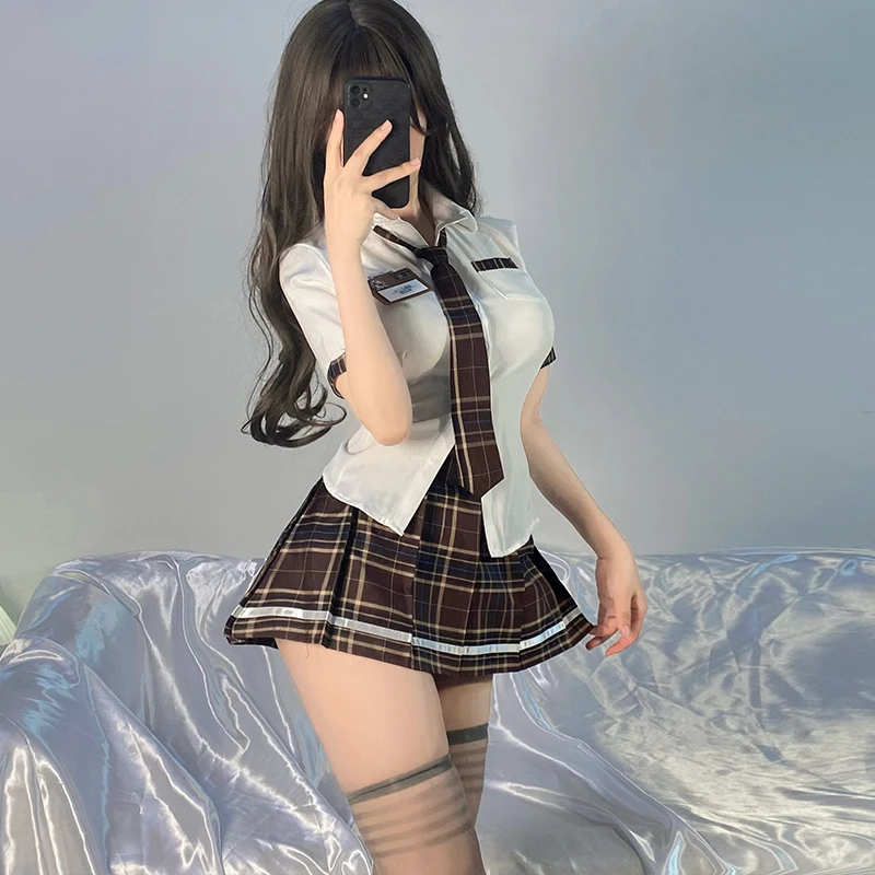 JK性感学生装cos制服诱惑短裙搭百褶裙格子套装美少女开襟禁欲系