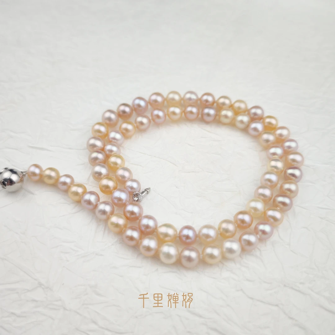 【小怡】CJ2093 S925碗豆扣彩虹多巴胺糖果无核珍珠项链6-7mm