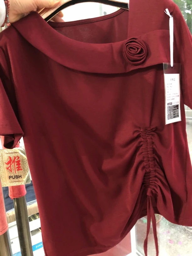 宽松型圆领通勤短袖V领印花T恤气质ins短款不规则