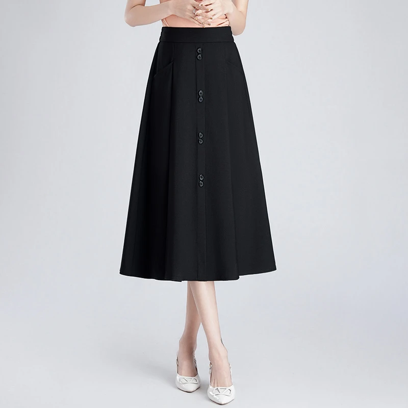 气质带扣装饰面料裙高腰显瘦裙子女春秋2025半身裙中长款a字裙