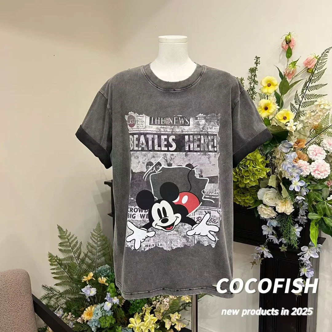 品质款复古做旧破洞卡通印花短袖T恤宽松显瘦#8994