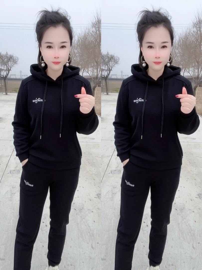 加绒刺绣帽款运动套装春季运动套装时尚女士潮流休闲显瘦