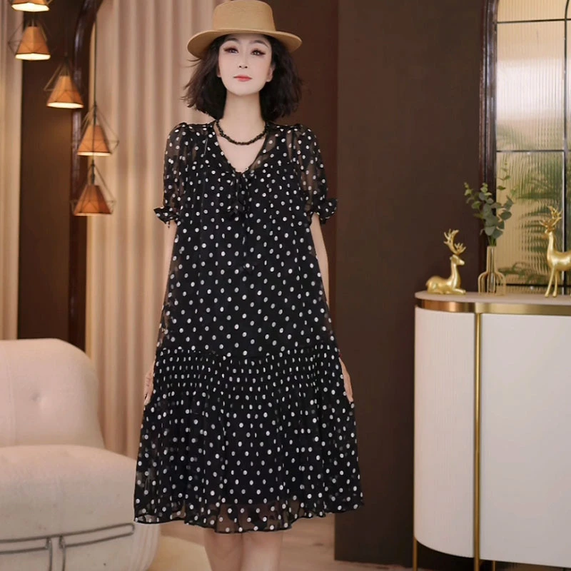 9077-8061夏季新款韩版2025宽松休闲时尚V领波点连衣裙女