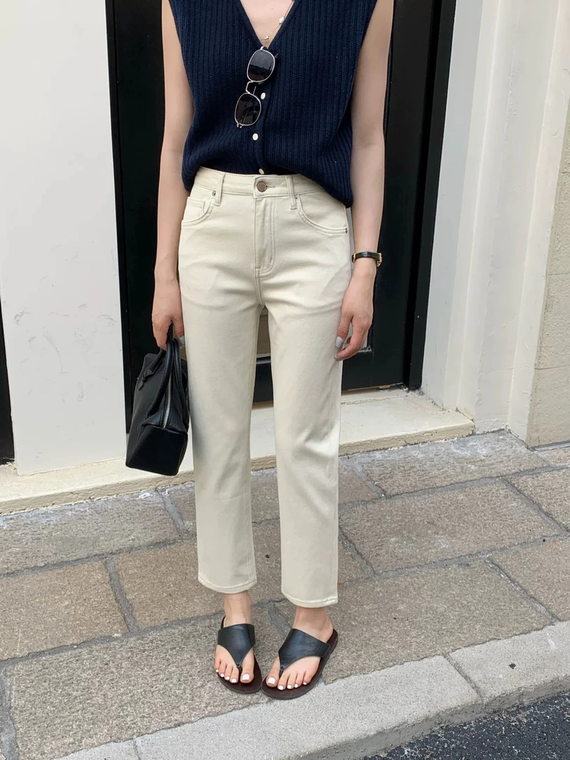 十三行品牌QIQI小个子牛仔裤女九分显瘦法棍裤6690杏色