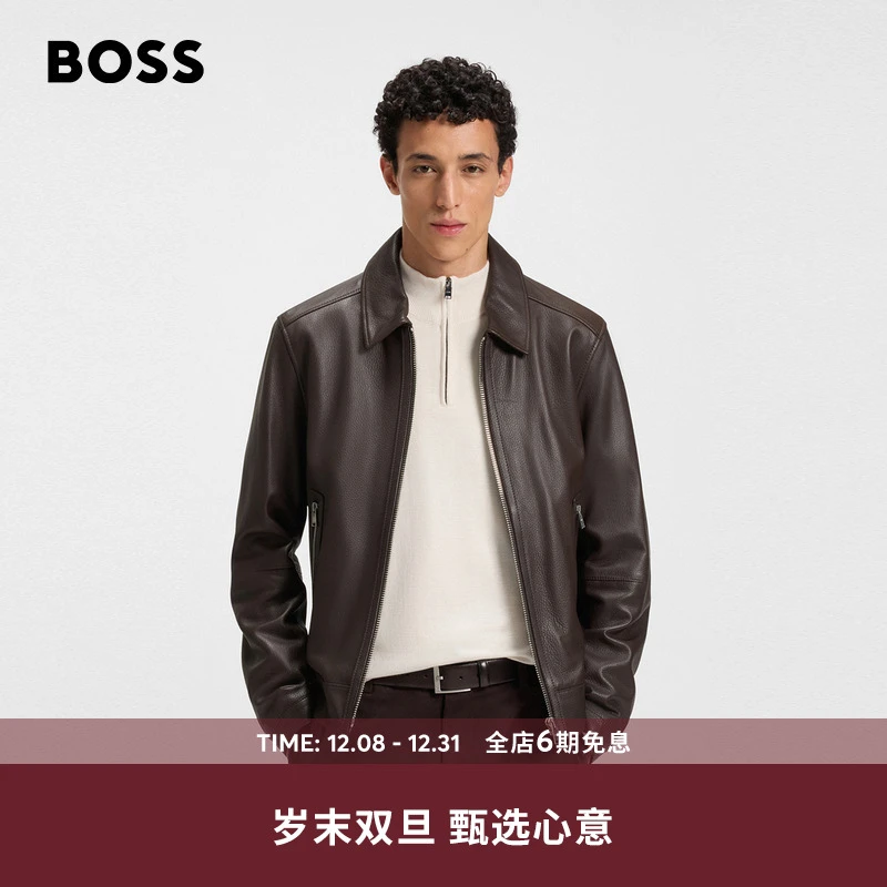 【羊皮革】BOSS博斯25冬季新款带拉链常规合身皮衣夹克50543214
