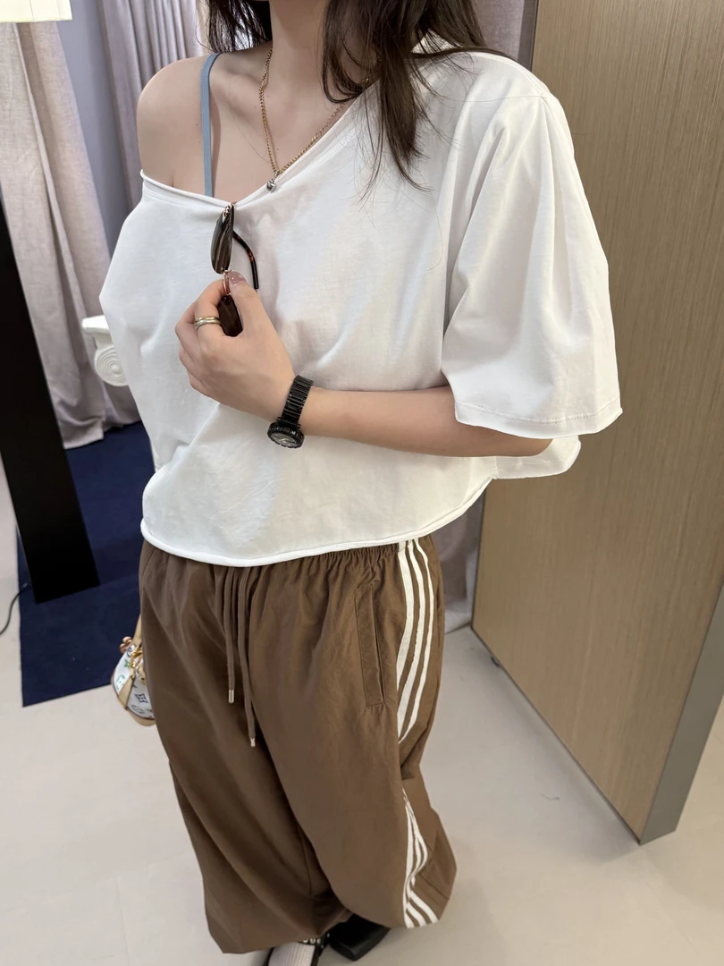 【ZHANGDAYUN】41136#【Ins博主斜肩卷边小短T恤】