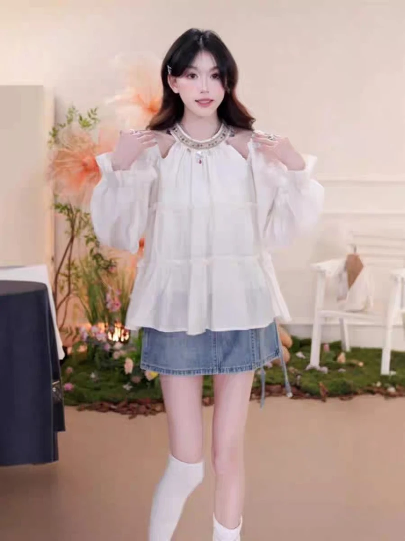 2025夏季新款挂脖木耳边露肩宽松长袖衬衫女娃娃衫衬衣短款上衣
