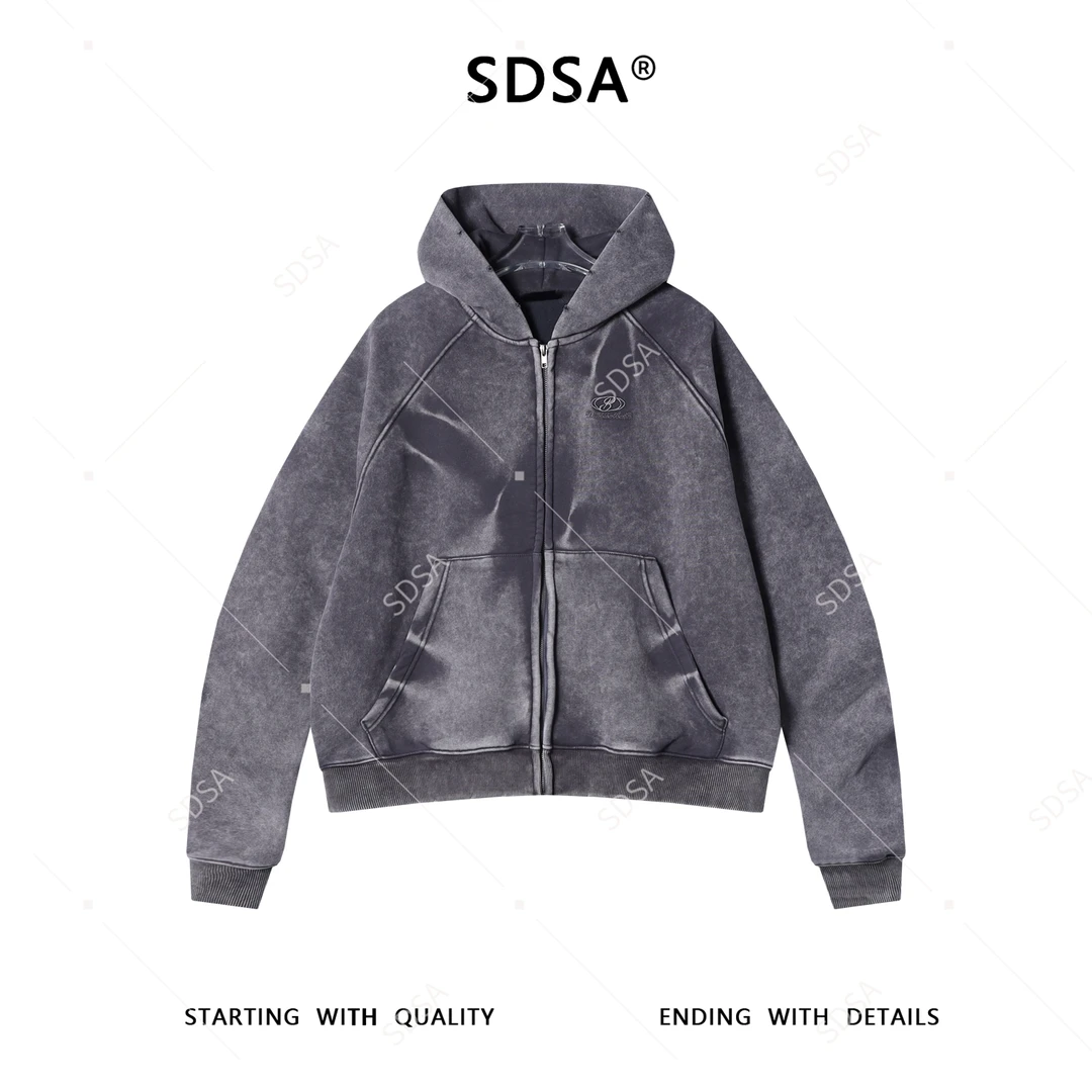 SDSA男士秋冬新款痞帅男装高街做旧水洗刺绣字母拉链连帽卫衣外套