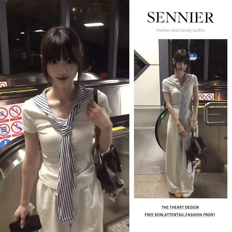 夏季穿搭2025新款韩版设计感披肩修身短袖T恤显瘦阔腿裤两件套女