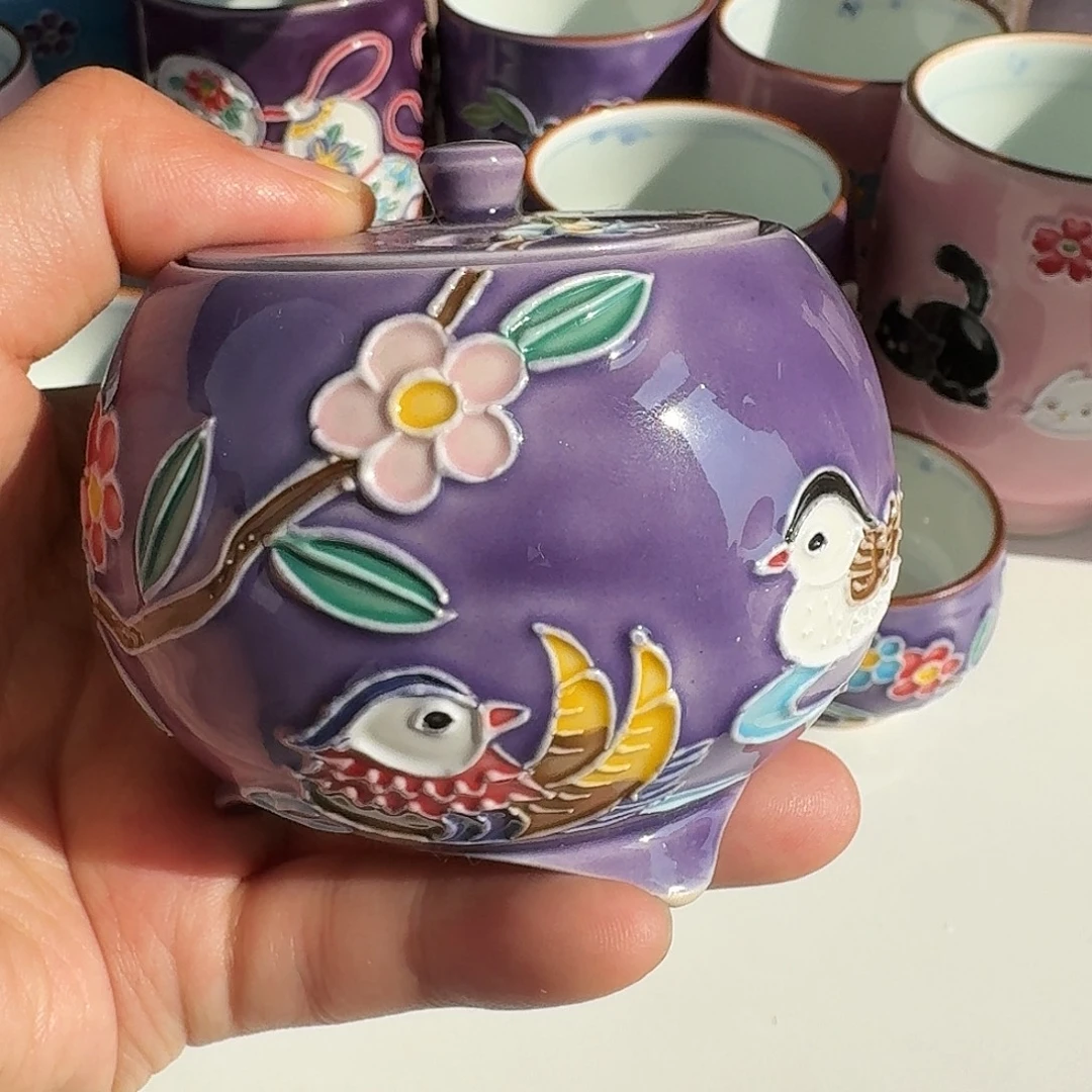 瓷清水烧交趾釉紫色鸳鸯香炉