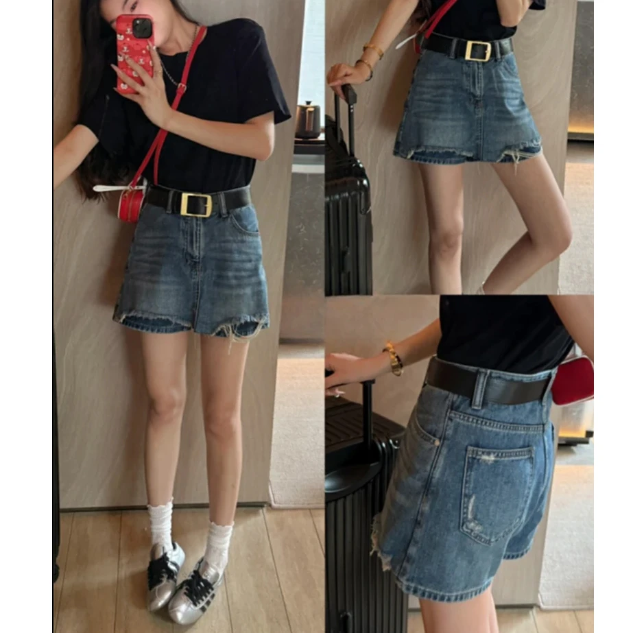 破洞毛边a字牛仔裙裤女2025小个子夏季百搭高腰显瘦短裤7563 G