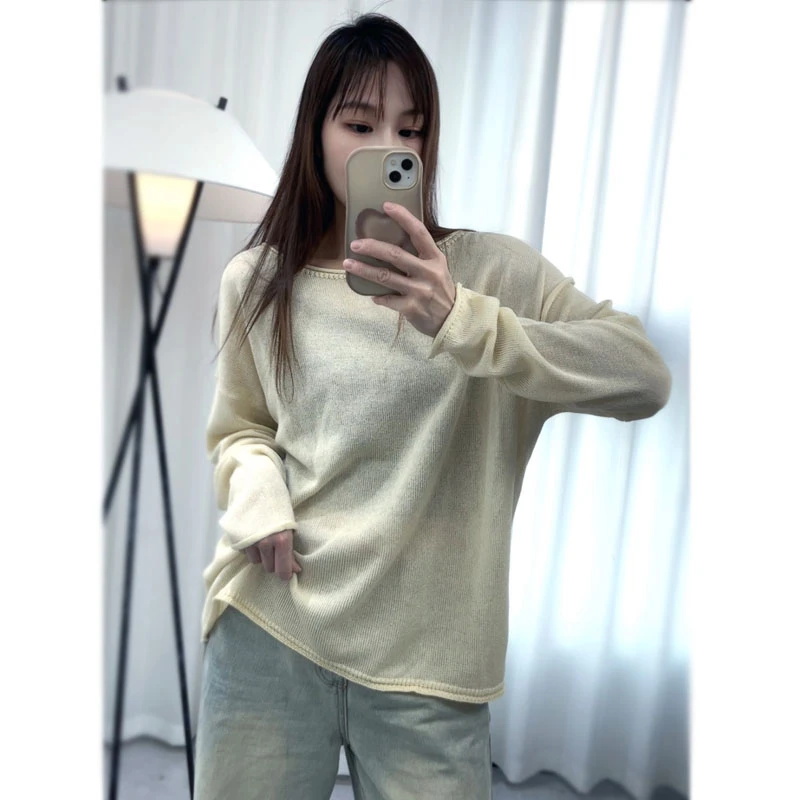 春夏和纸亚麻简约宽松版圆领衫百搭女针织衫毛针织衫常规圆领上衣
