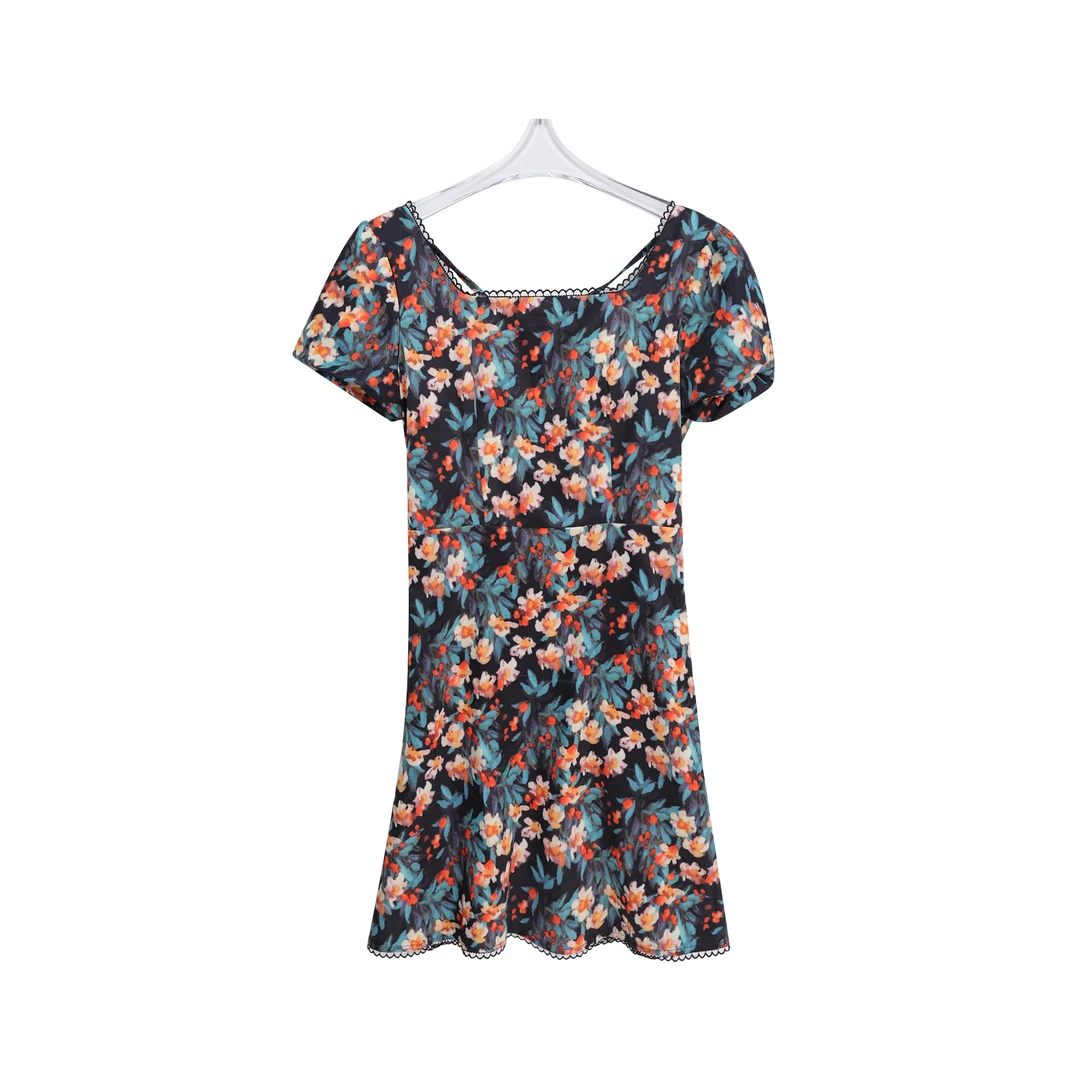 法式复古碎花连衣裙泡泡袖收腰显瘦气质茶歇裙夏季A63050