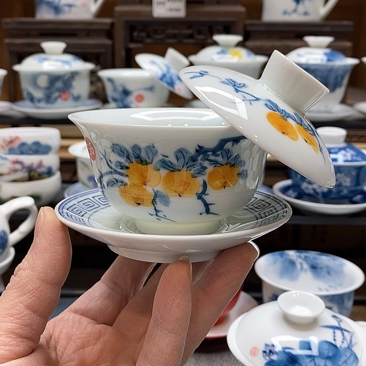 手绘微瑕喜柿图盖碗