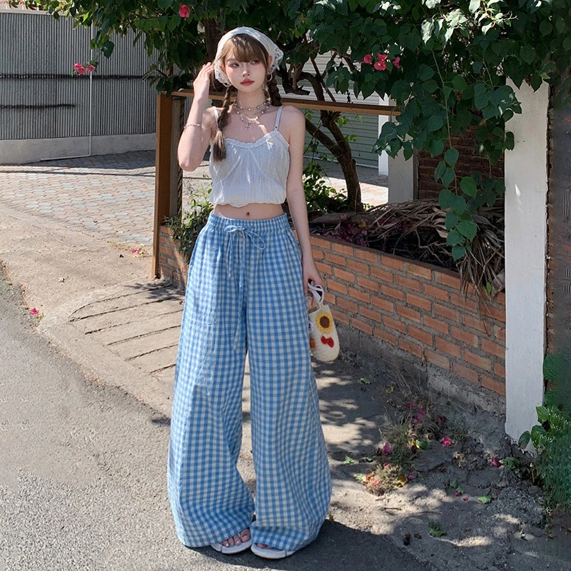 KRO复古高腰宽松阔腿裤松紧腰抽绳垂感拖地蓝色格子直筒休闲裤女