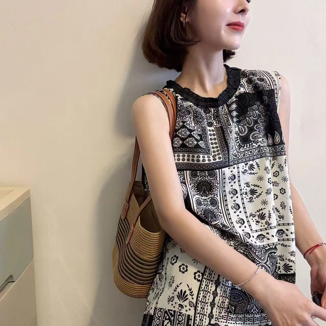 新中式夏季新款韩版宽松显瘦百搭圆领无袖背心女时尚上衣T恤 235