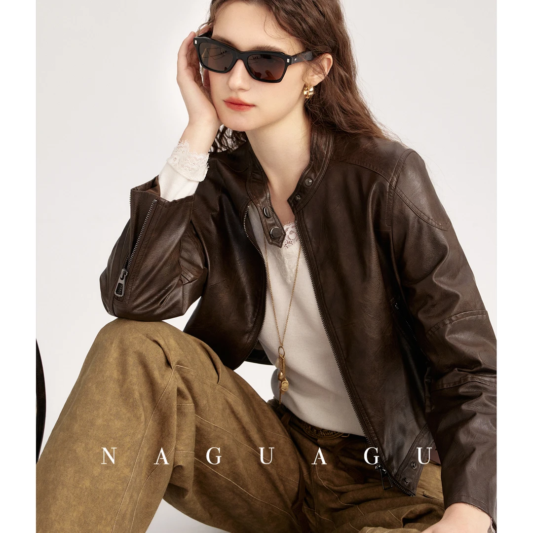 南瓜谷 摩登年代~油蜡皮料立领短夹克外套2025早春新款机车风皮衣