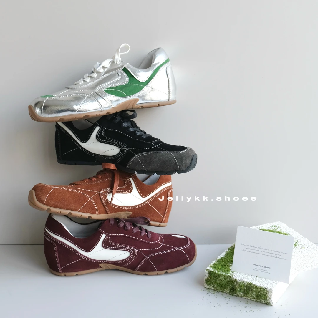 【Jellykk】4cm春季2025运动百搭拼色设计师款真皮内增高系带休闲鞋