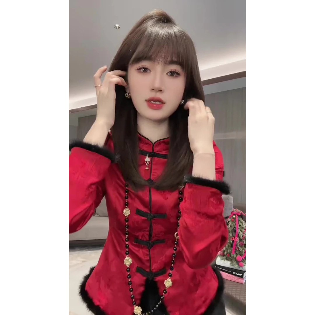 喜庆过年红色新年战袍上衣女冬季新国风新中式盘扣衬衫内搭打底衫