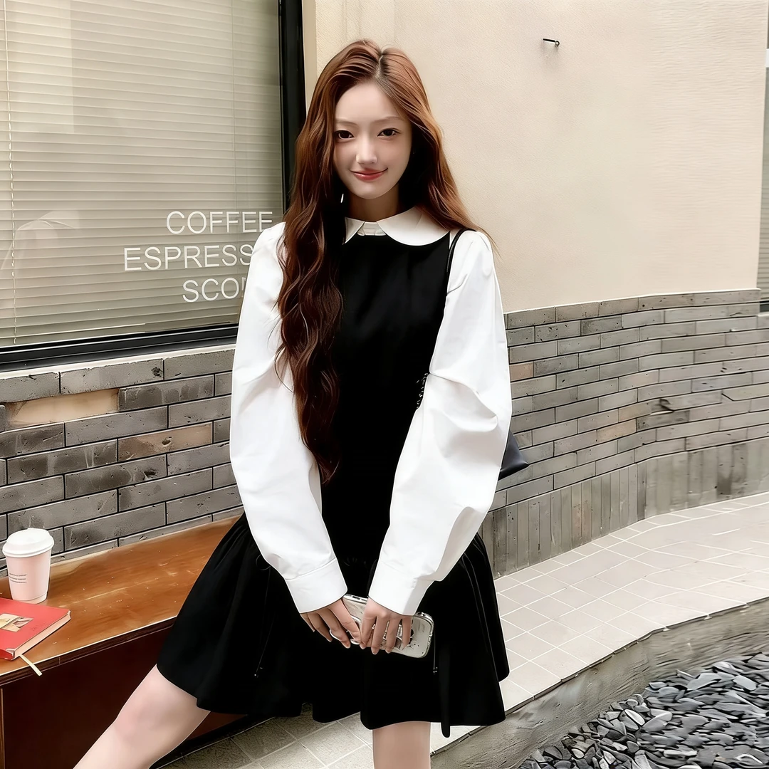 圆圆家  娃娃领衬衫背心连衣裙套装甜美减龄A字裙两件套