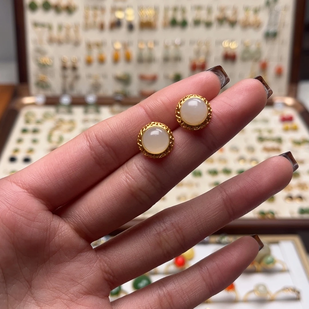 和田玉银S925镀金镶嵌耳坠