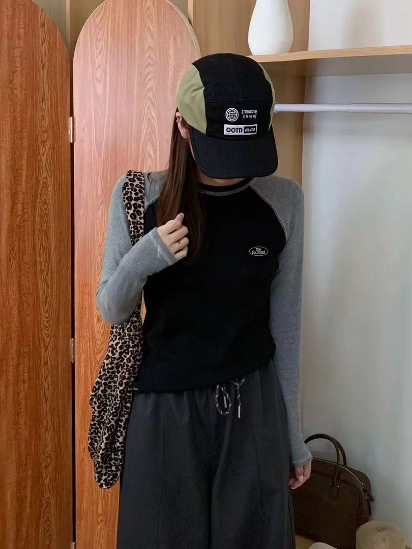 YD-韩系！八奶撞色插肩袖拼麻丝打底25秋冬修身款休闲T恤女