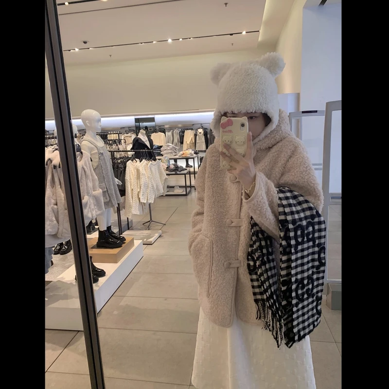 浅浅温柔粉羔毛皮毛一体连帽外套宽松新款加厚冬款日系复古