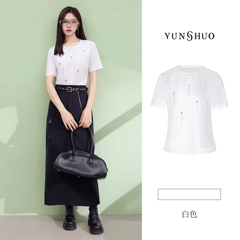 允硕夏季新品T恤白色拼接圆领休闲女直筒百搭气质短袖上衣325333