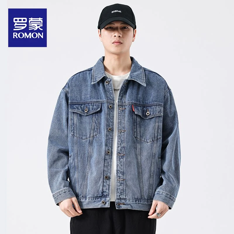 罗蒙秋季新款宽松休闲水洗美式高街痞帅翻领工装夹克牛仔外套男士