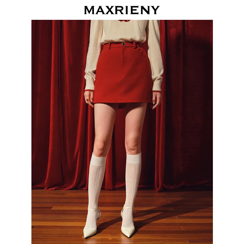 【蜜思仝】MAXRIENY复古箱型羊毛混纺裤裙冬季新款短裤女