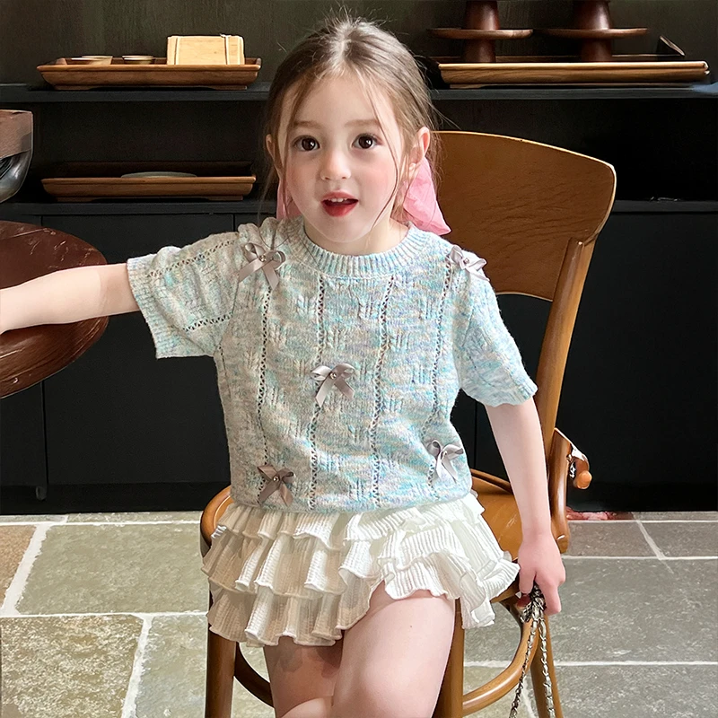 栀了成长记童装女童甜美短袖针织衫夏季薄款半身裙蝴蝶结镂空毛衣