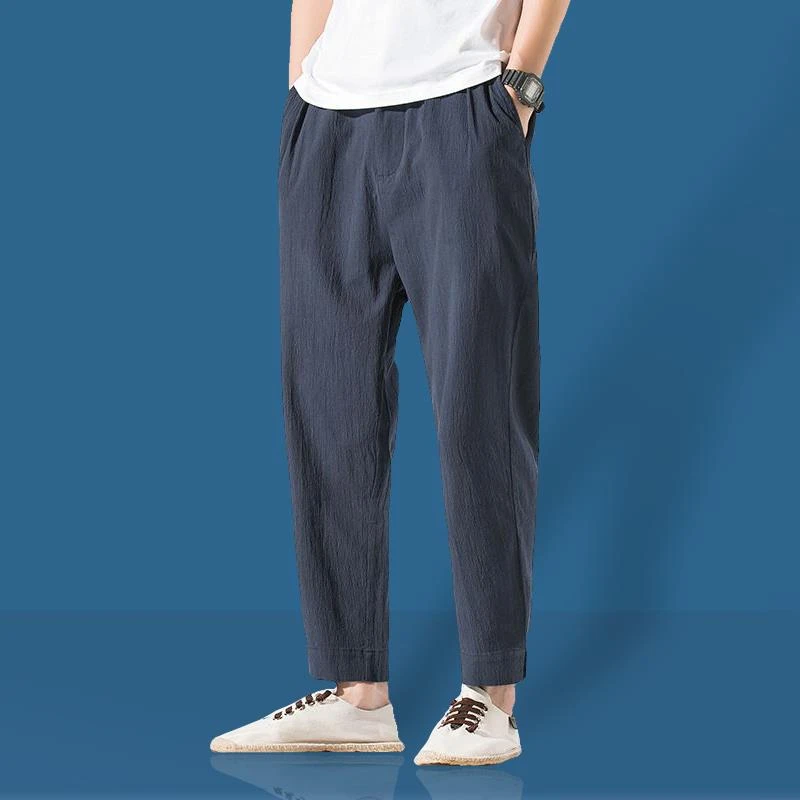 夏季薄款亚麻裤男中国风棉麻九分休闲裤潮流宽松大码纯色百搭长裤