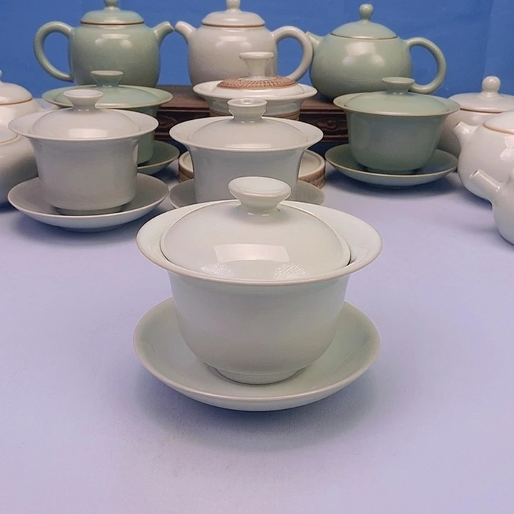 碗月白三财元宝盖碗原矿原釉原产地